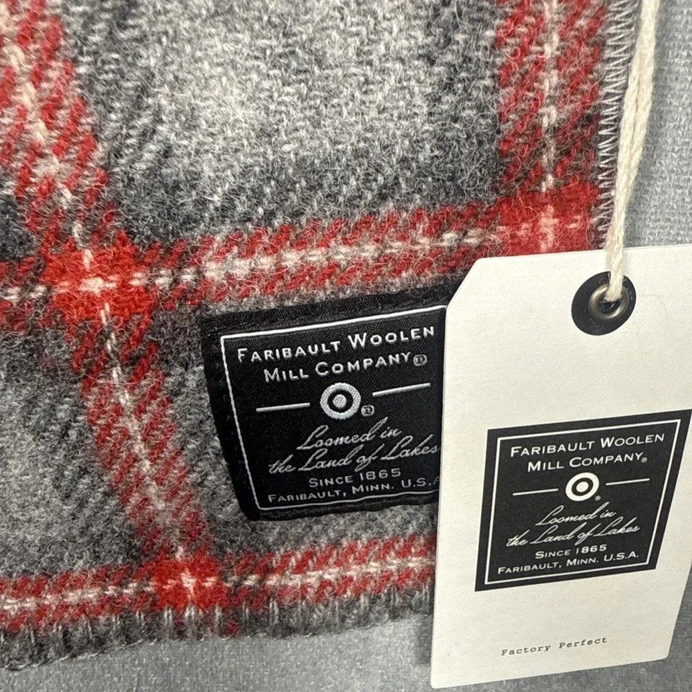 Faribault Woolen Mill Target 100% Virgin Wool Scarf Gray Red Plaid 72x10 NWT USA